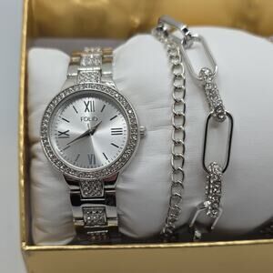 Folio Women’s Silver-Tone Analog Quartz Watch Roman Dial 32mm Bracelet w/ Box